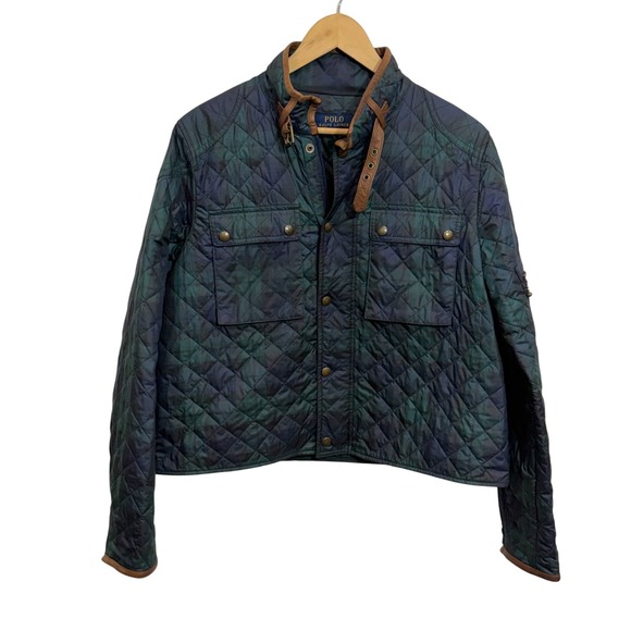 Polo Ralph Lauren Jackets & Blazers - Polo Ralph Lauren Quilted‎ Jacket Womens L Navy Green Plaid Leather Trim